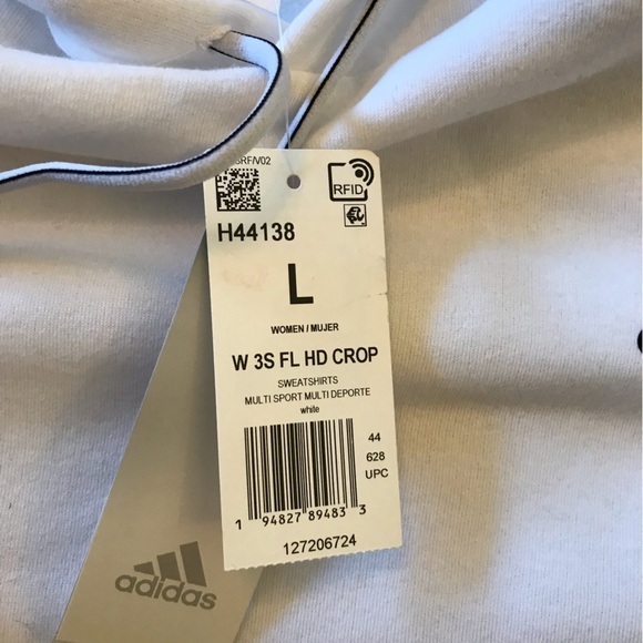 Adidas Cropped Sweat Shirt/ Hoodie. Women’s Large. White. New With Tags - Picture 3 of 5